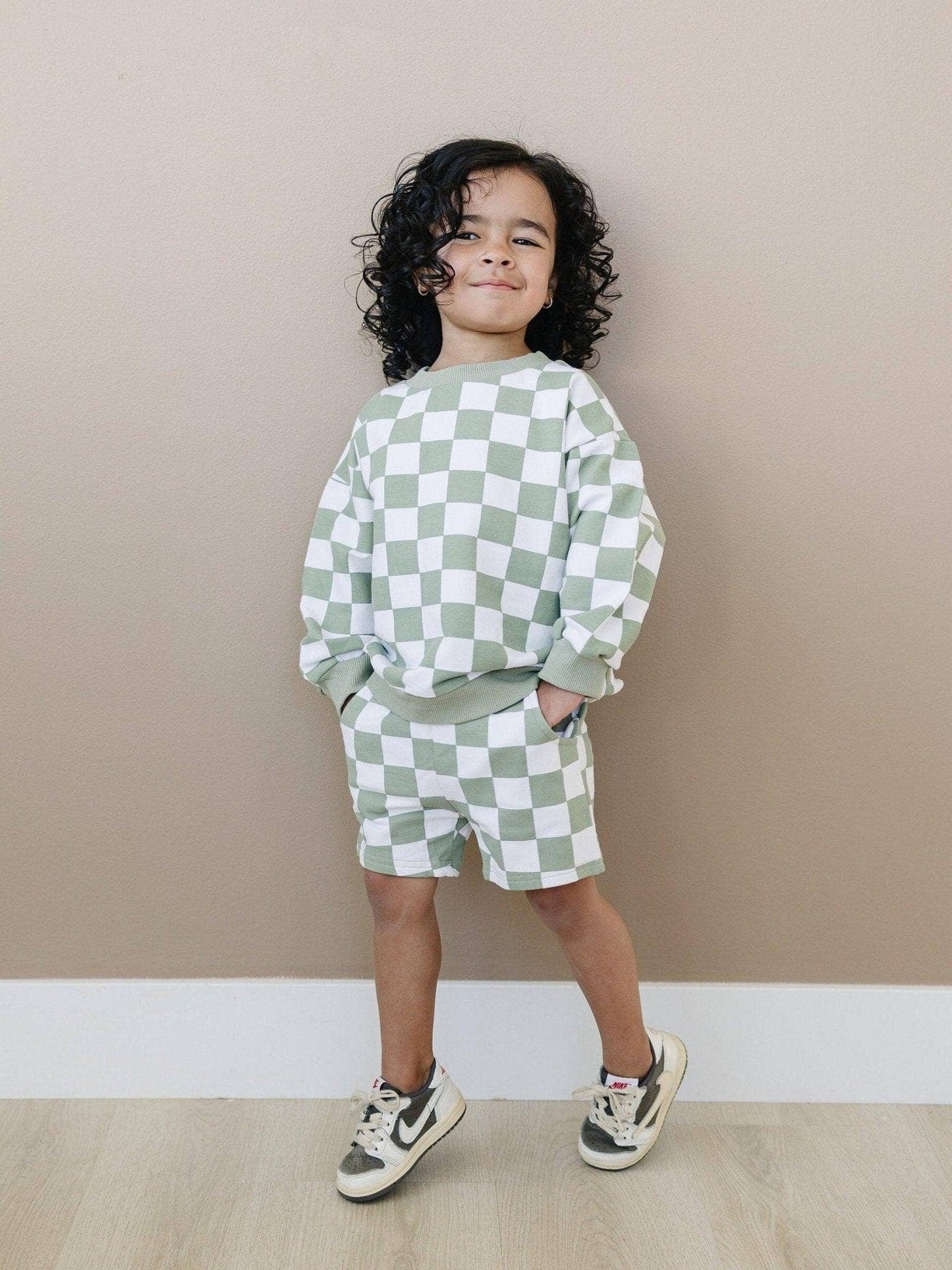 Organic Cotton Checkered Crewneck & Shorts Set | Sage Green