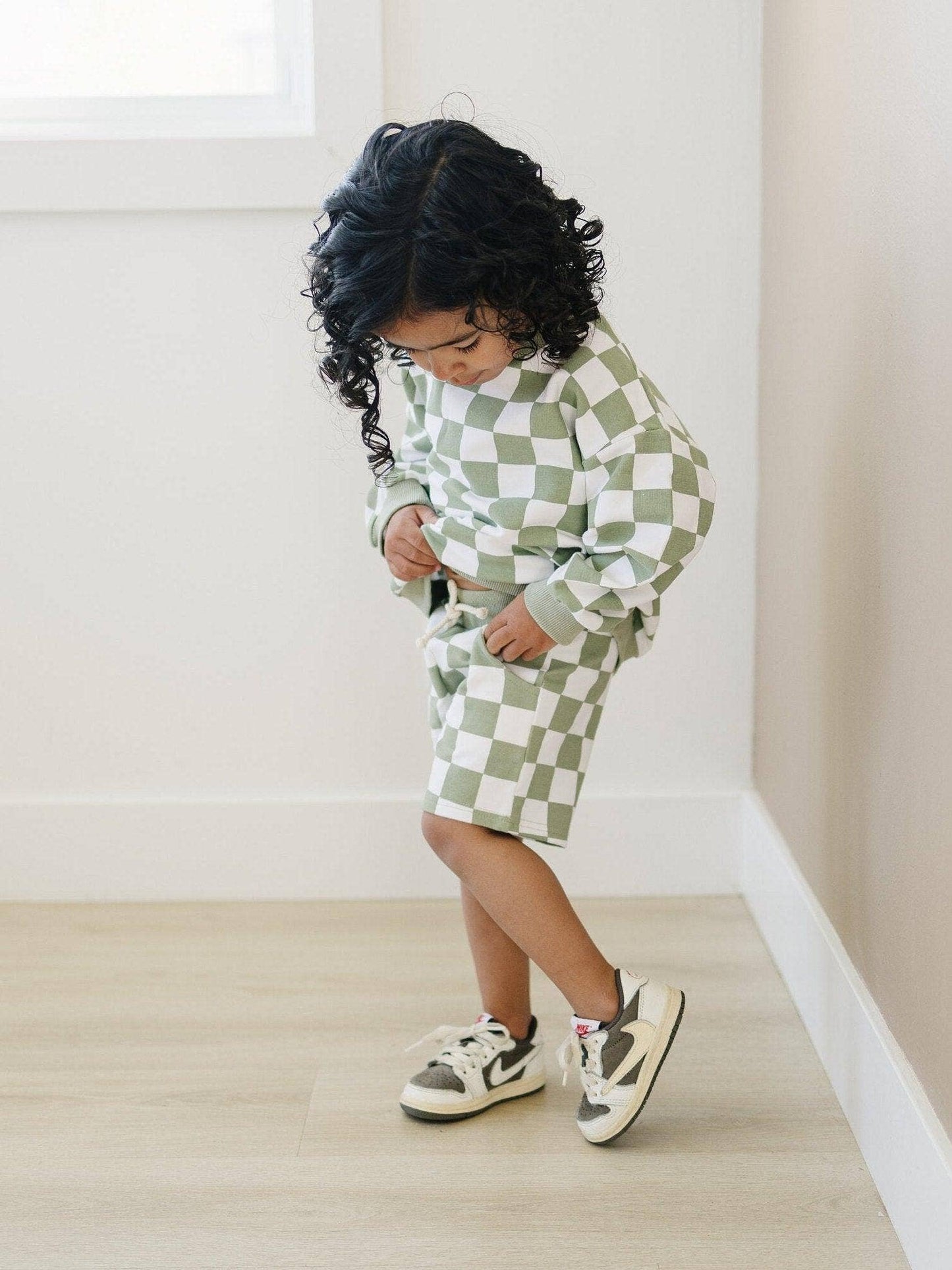 Organic Cotton Checkered Crewneck & Shorts Set | Sage Green