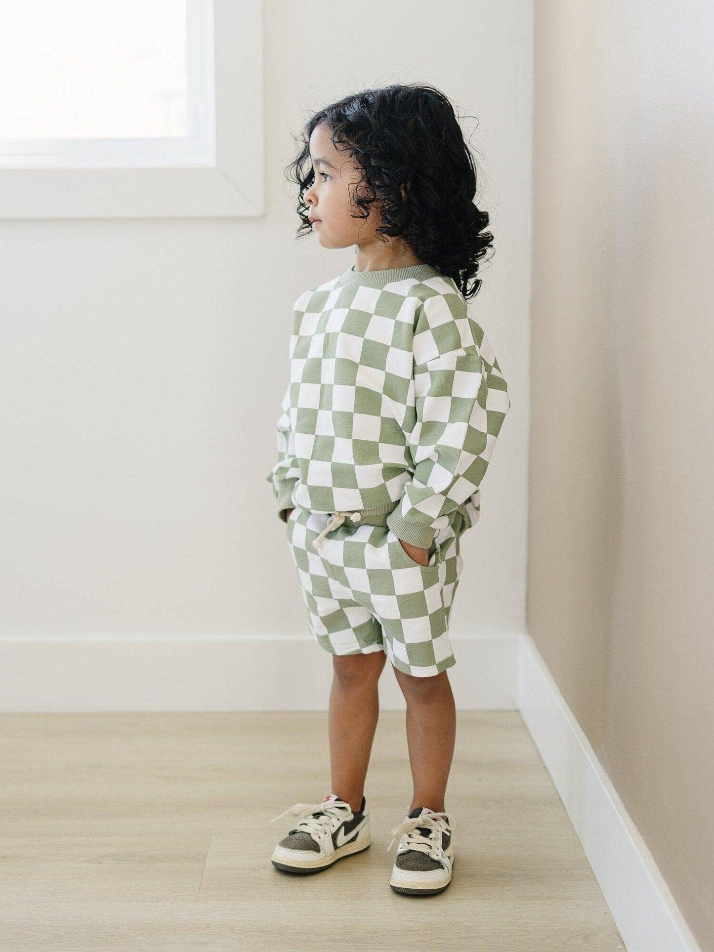 Organic Cotton Checkered Crewneck & Shorts Set | Sage Green